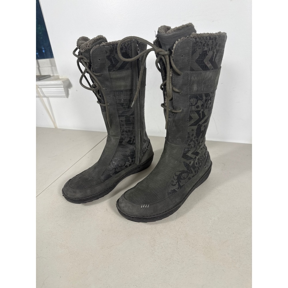 Teva Women Gray Leather Graphic Print Faux Fur Lined Lace Up Tall Boots 9